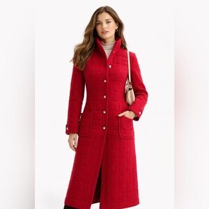 Vintage Red 100% Wool Long Coat Quilted Old Money Quiet Luxury Women 4 Small